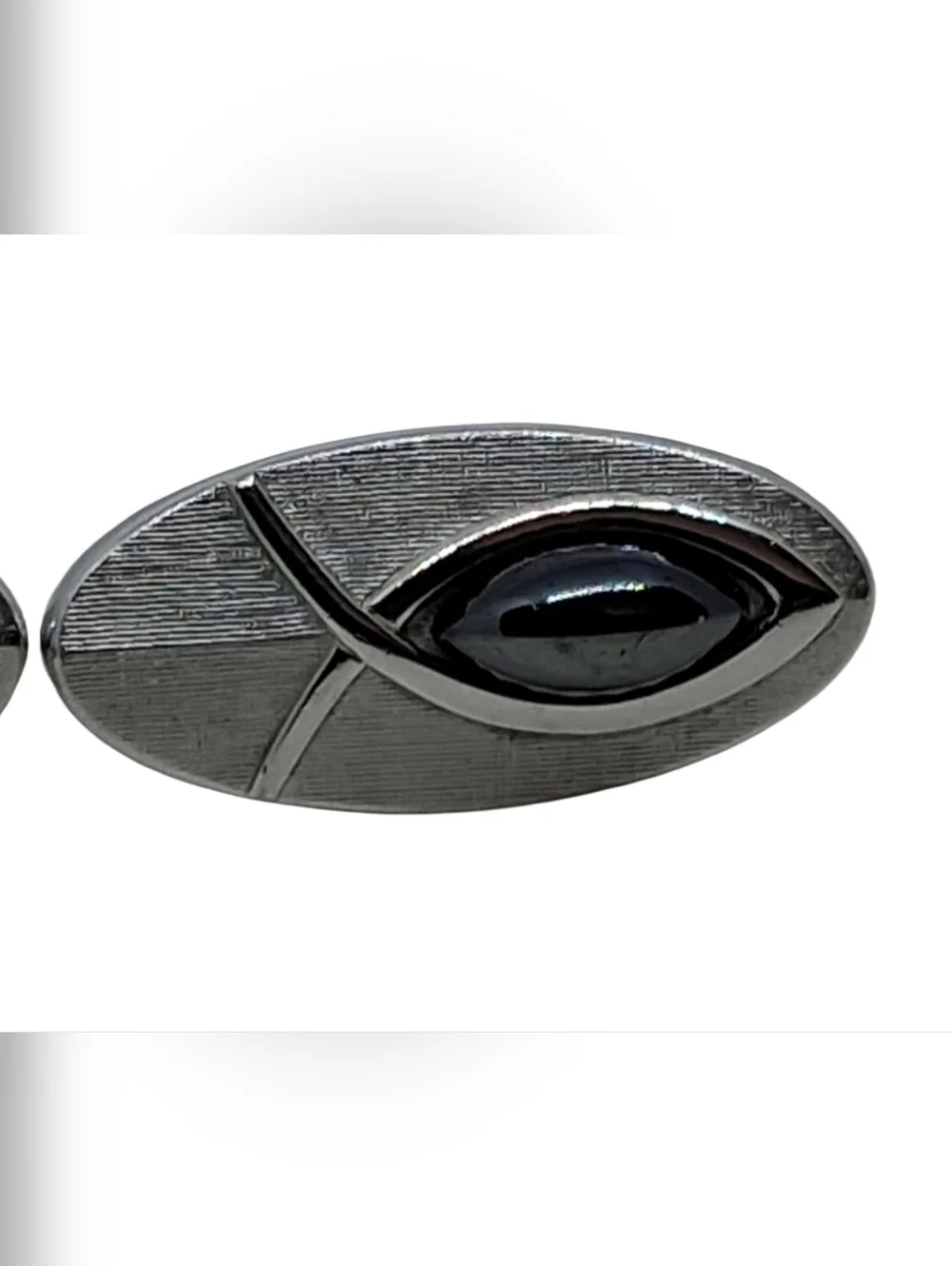 SWANK Vintage Brushed Silver Tone Jesus Fish Cufflinks Hematite Cabochon